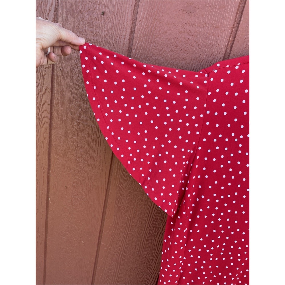 Susan Graver Red Polka Dot Liquid Knit Button Front Midi Dress Flutter Sleeve M - Picture 4 of 7